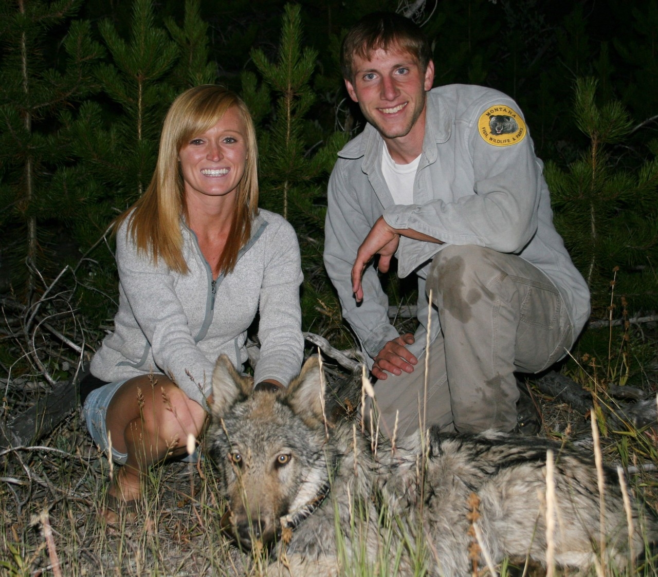 Molly Parks smiles next to a live wolf in a field.